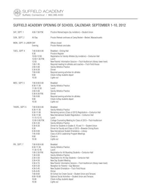 Opening of School Calendar 2012-2013 - Suffield Academy