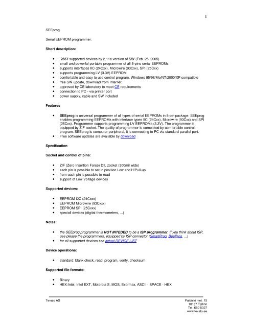SEEprog Serial EEPROM programmer. Short description: 2657 ...
