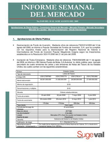 informe semanal del mercado - Superintendencia General de Valores