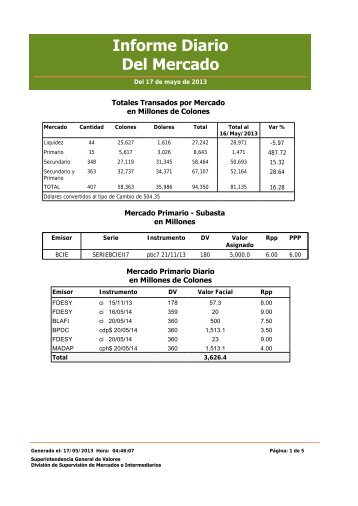 Informe Diario Del Mercado - Superintendencia General de Valores