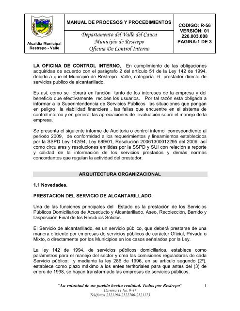 Departamento del Valle del Cauca Municipio de Restrepo Oficina ...