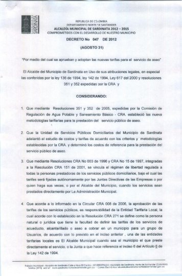 DECRETO No 047 DE 2012 (AGOSTO 31) "Por medio del cual se ...