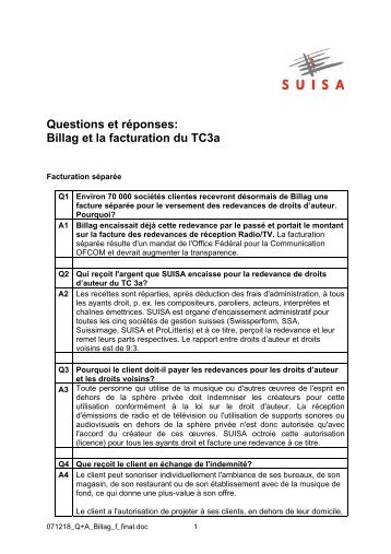 Questions et rÃ©ponses: Billag et la facturation du TC3a - Suisa