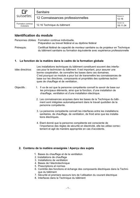 12.16 Technique du bÃ¢timent 41.1 KB pdf - Suissetec