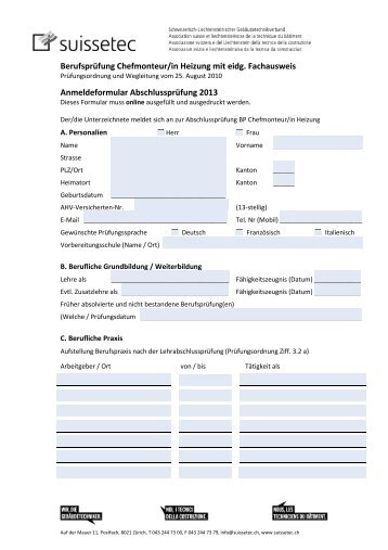 Anmeldeformuar fÃ¼r AbschlussprÃ¼fung Chefmonteur/in ... - Suissetec