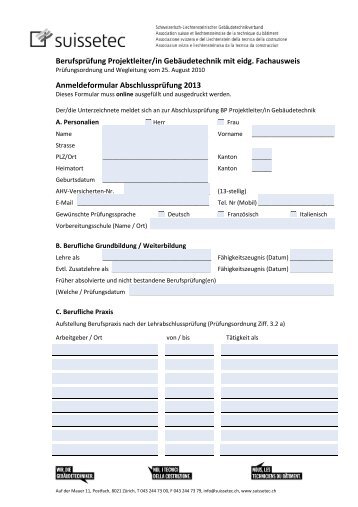 Anmeldeformuar fÃ¼r AbschlussprÃ¼fung Projektleiter/in ... - Suissetec