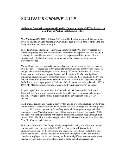 Sullivan & Cromwell Announces Michael McGowan, a Leading UK ...