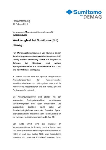 Pressemitteilung Werkzeugtest bei Sumitomo (SHI) Demag