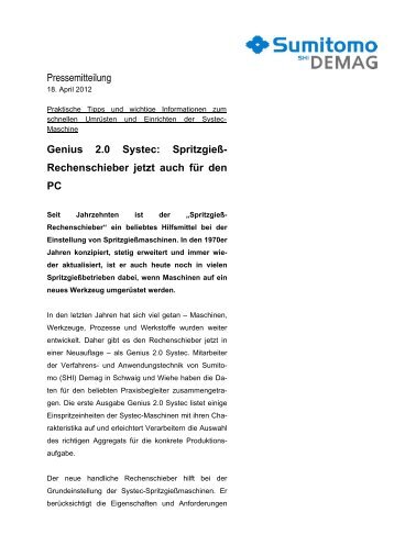 Pressemitteilung Genius 2.0 Systec: SpritzgieÃ ... - Sumitomo (SHI)