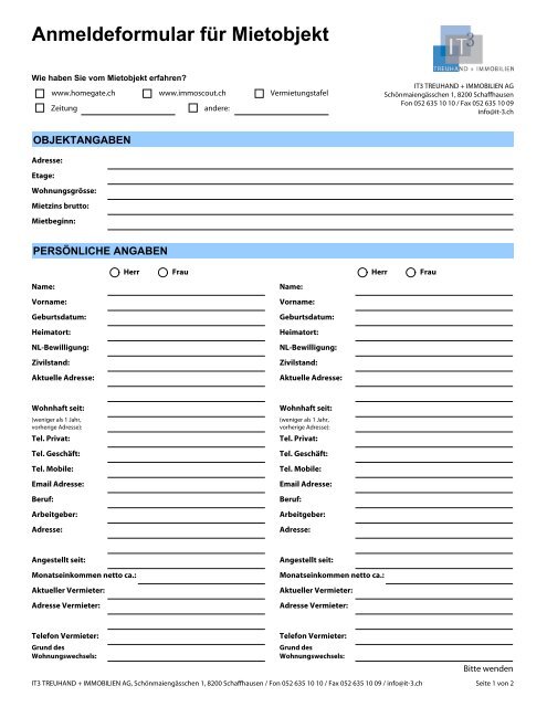 Anmeldeformular für Mietobjekt