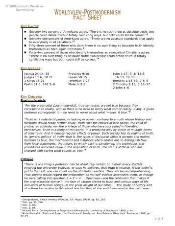 WORLDVIEW-POSTMODERNISM FACT SHEET - Summit Ministries