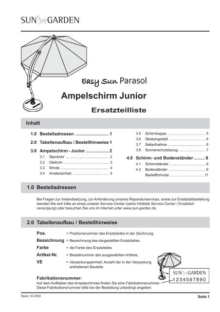 Ersatzteilliste Ampelschirm Junior - SUN GARDEN GmbH
