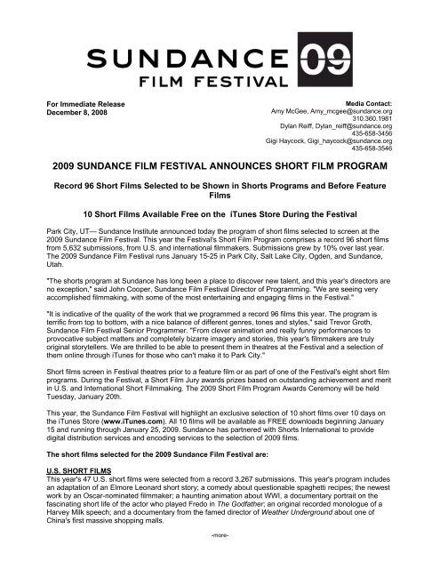 2009 sundance film festival announces short film program