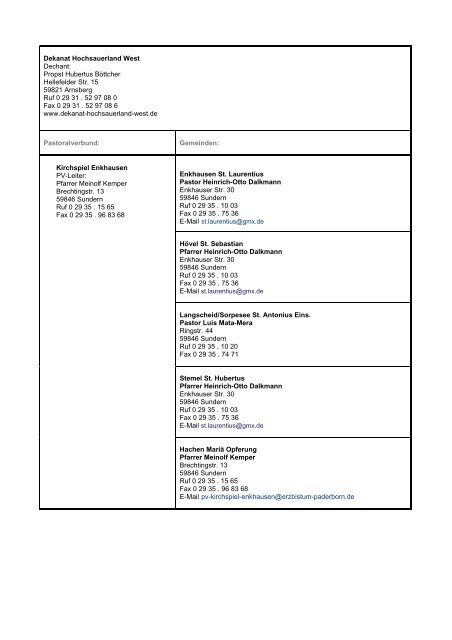 Dekanat Hochsauerland West Dechant: Propst Hubertus ... - Sundern