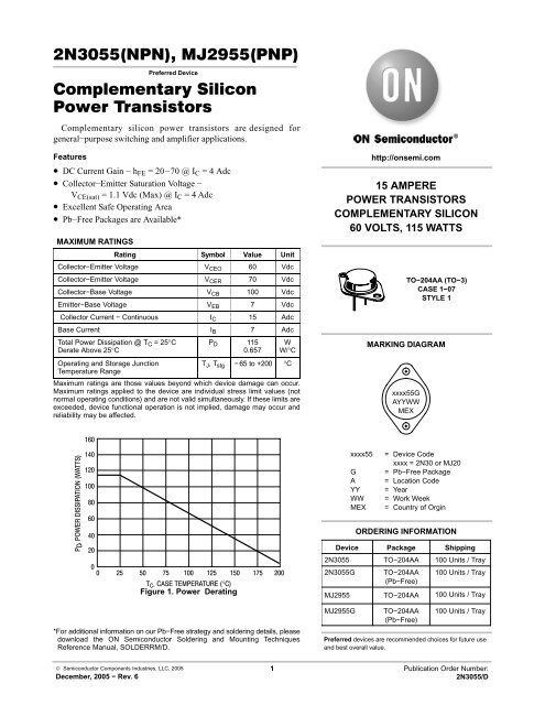 2N3055 PNP NPN Complementary Silicon Power Transistors MJ2955 ...