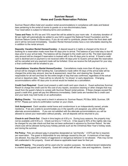 Rental Policy for Vacation Rental Homes ... - Sunriver Resort