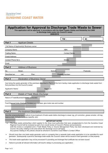 Application for Approval to Discharge Trade Waste to Sewer