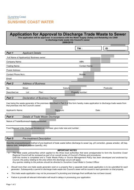 Application for Approval to Discharge Trade Waste to Sewer