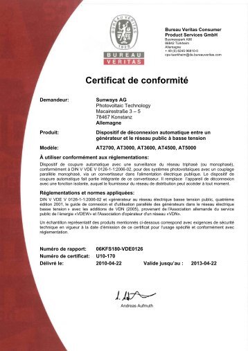 Certificat de conformité - Sunways AG