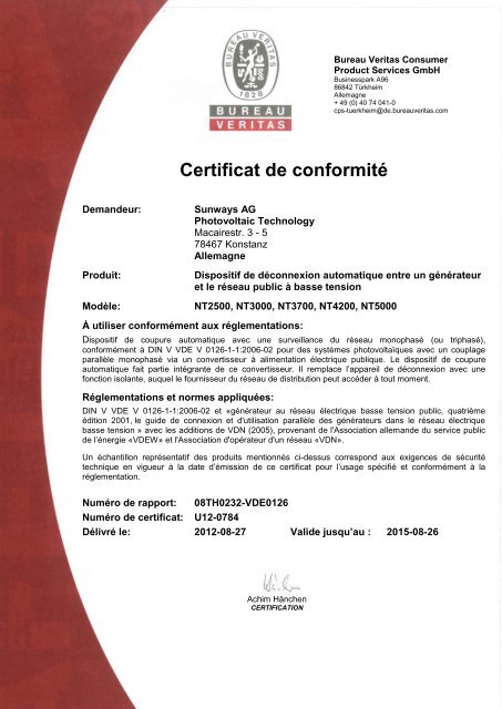 Certificat de conformité - Sunways AG