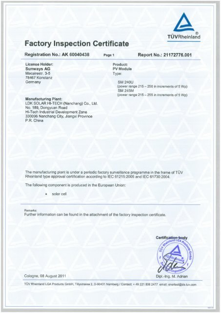 Factory Inspection Certificate - Sunways AG