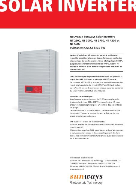 Nouveaux Sunways Solar Inverters NT 2500, NT ... - Sunways AG