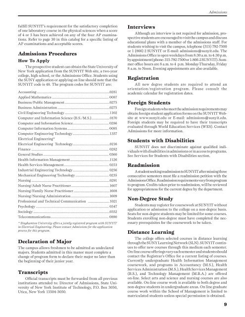 Undergraduate catalog 2005-2007 - SUNY Institute of Technology