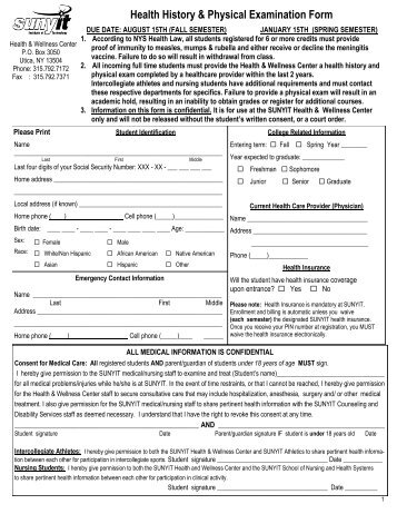 Health History & Physical Examination Form - SUNYIT