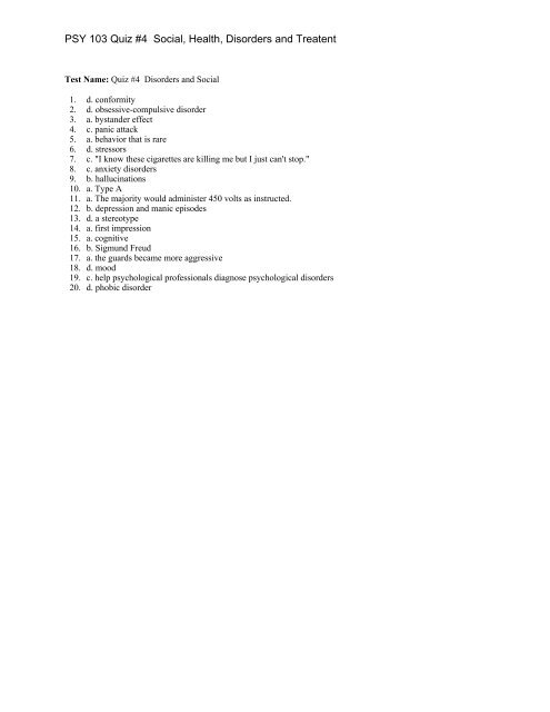 PSY 103 Quiz #4 Social, Health, Disorders and Treatent - SUNY ...