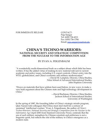 CHINA'S TECHNO-WARRIORS: - Stanford University Press