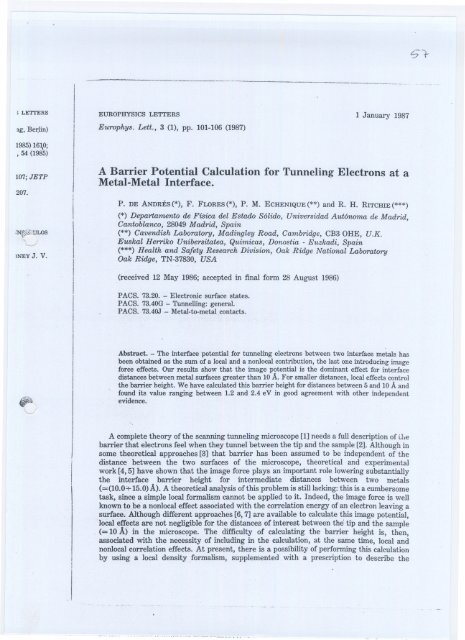 A Barrier Potential Calculation for Tunneling Electrons at a Metal ...