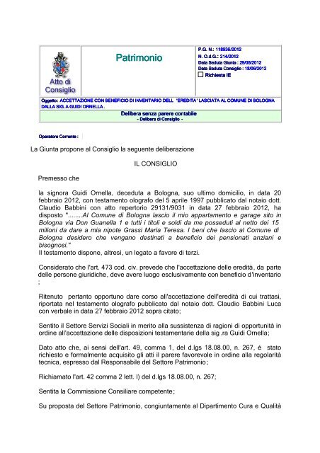 Delibera ereditÃ .pdf - Comune di Bologna