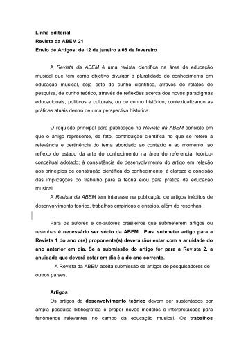 Linha Editorial Revista da ABEM 21 Envio de Artigos: de 12 de ...