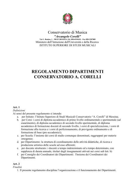 REGOLAMENTO DIPARTIMENTI CONSERVATORIO A. CORELLI