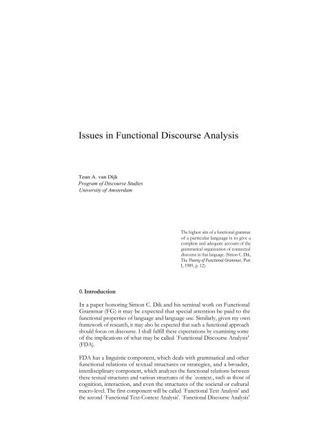 Issues in Functional Discourse Analysis - Website of Teun A. van Dijk