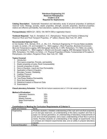 1 Petroleum Engineering 311 Reservoir Petrophysics Credit 4: (3-3 ...