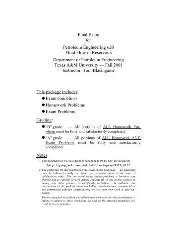 Final Exam for Petroleum Engineering 620 Fluid Flow in Reservoirs ...