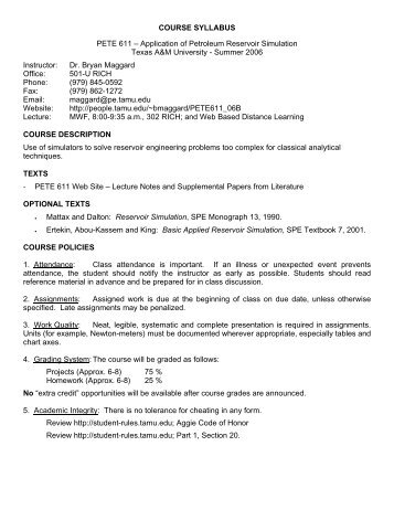 COURSE SYLLABUS PETE 611 - Harold Vance Department of ...