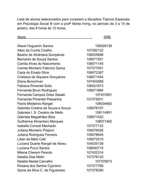 Lista de alunos selecionados para cursarem a disciplina TÃ³picos ...