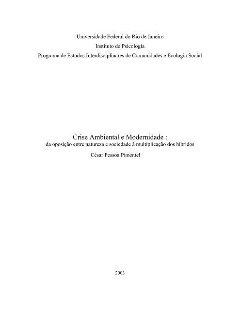 Crise Ambiental e Modernidade - Instituto de Psicologia da UFRJ