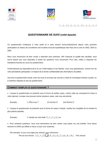 Auto-questionnaire pour les salariÃ©s du volet Ã©paule - UniversitÃ© d ...