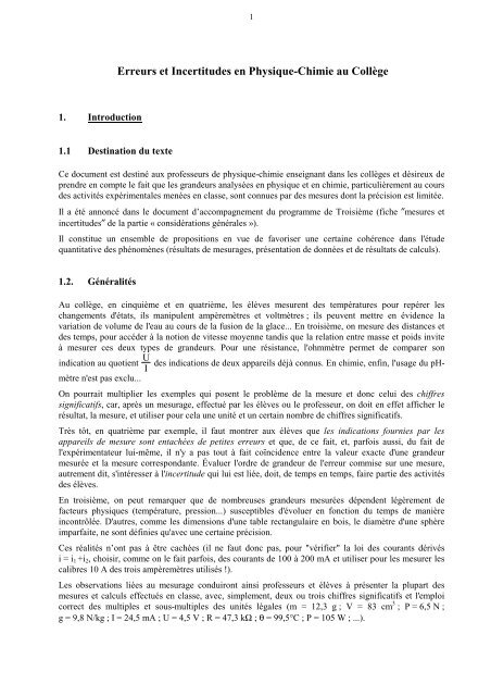 Erreurs et Incertitudes en Physique-Chimie au CollÃ¨ge - UniversitÃ© d ...