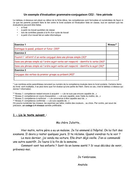 Un Exemple D Evaluation Grammaire Conjugaison Ce2 1ere