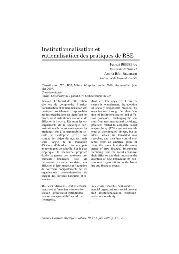 Institutionnalisation et rationalisation des pratiques de RSE - LEG ...