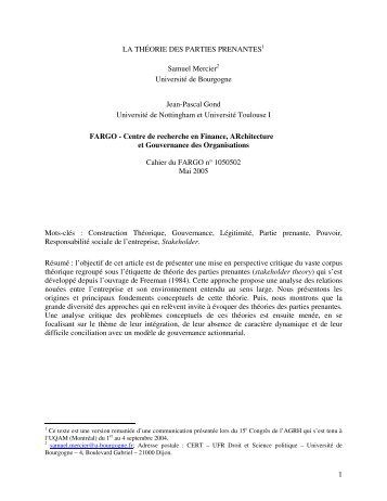 La thÃ©orie des parties prenantes - LEG - Laboratoire d'Ã©conomie et ...