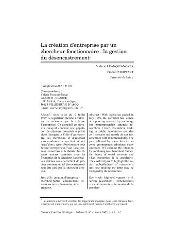 La crÃ©ation d'entreprise par un chercheur fonctionnaire - LEG ...