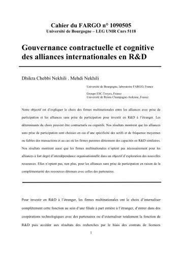 Gouvernance contractuelle et cognitive des alliances internationales ...