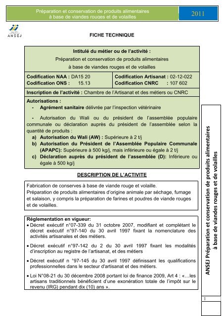 PrÃ©paration et conservation de produits alimentaires Ã  ... - ANSEJ