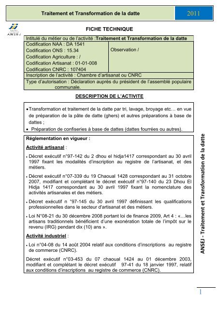 Traitement et Transformation de la datte - ANSEJ