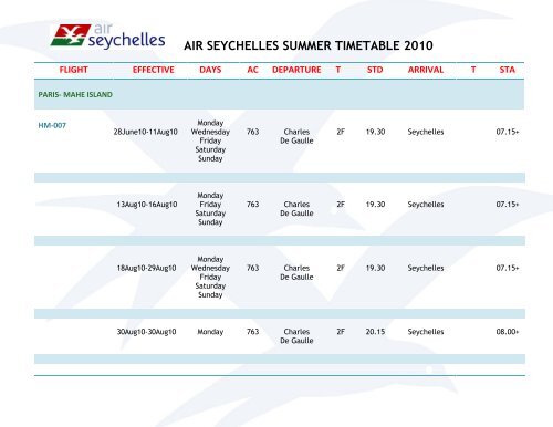 International Summer Timetable 2010 - Air Seychelles